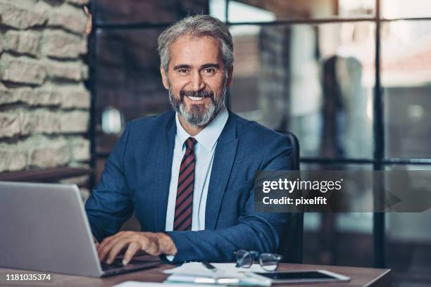 uomo d'affari maturo con un laptop - mid adult men foto e immagini stock