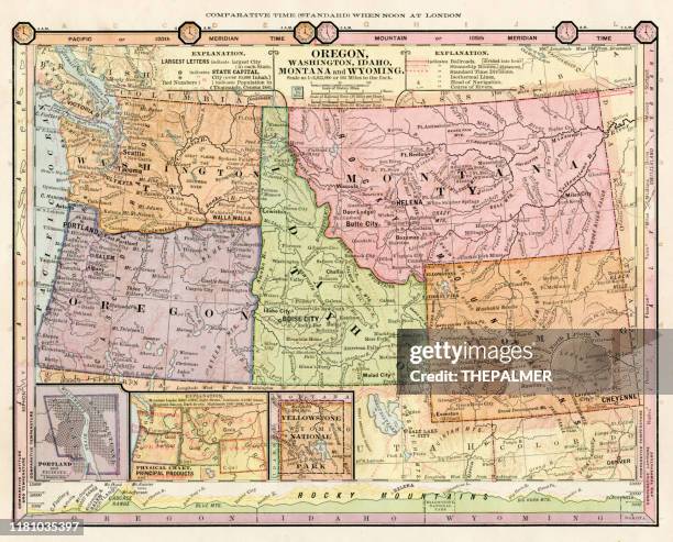 bildbanksillustrationer, clip art samt tecknat material och ikoner med karta över oregon, idaho, wyoming stater 1886 - ohio v kansas