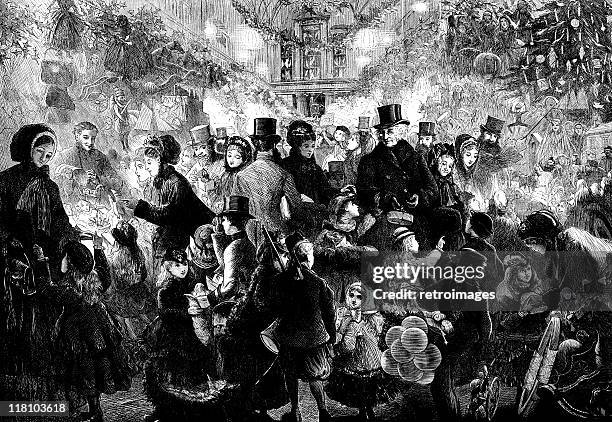 victorian christmas market 1870-illustrierte londoner news - weihnachtsmarkt stock-grafiken, -clipart, -cartoons und -symbole