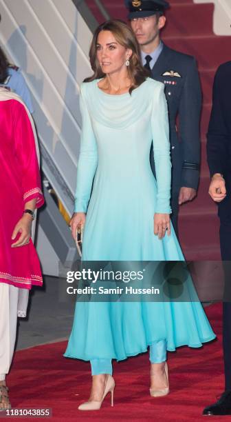 Catherine, Duchess of Cambridge arrives at Pakistani Air Force Base Nur Khan on October 14, 2019 in Rawalpindi, Pakistan. Their Royal Highnesses The...