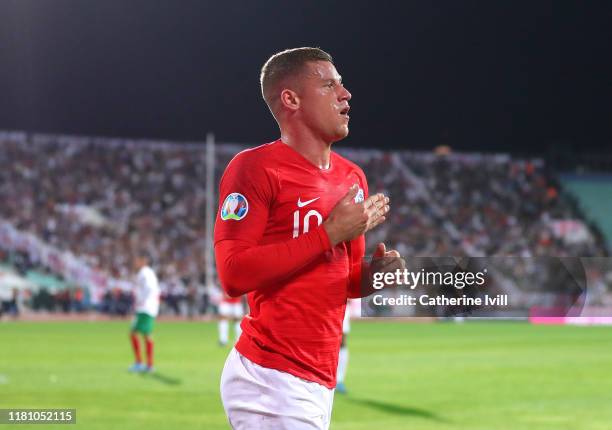 Ross Barkley of England celebrates after scoring his sides second goal during the UEFA Euro 2020 qualifier between Bulgaria and England on October...