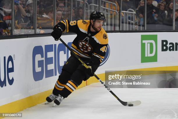 Matt Grzelcyk of the Boston Bruins skates against the Anaheim Ducks at the TD Garden on October 14, 2019 in Boston, Massachusetts.