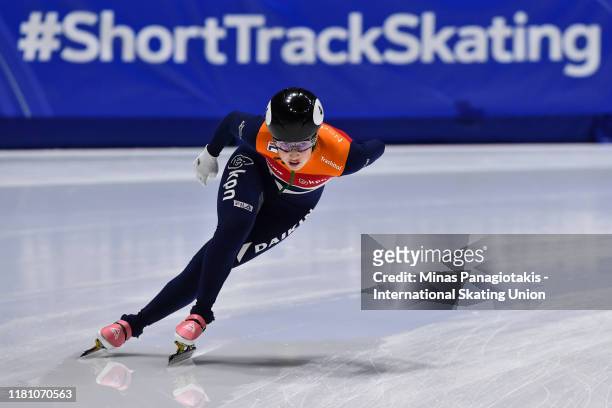 Lara Van Ruijven of the Netherlands competes in the ladies 1000 m quarterfinals during the ISU World Cup Short Track at Maurice Richard Arena on...