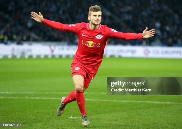 Timo Werner of Leipzig celebrates after scoring his team's first goal during the Bundesliga match between Hertha BSC and RB Leipzig at Olympiastadion...