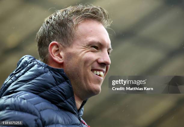 Head coach Julian Nagelsmann of Leipzig looks on prior to the Bundesliga match between Hertha BSC and RB Leipzig at Olympiastadion on November 9,...