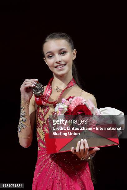 Gold medalist Anna Shcherbakova of Russia celebrates during the victory ceremony of the Ladies Free Skating during the ISU Grand Prix of Figure...
