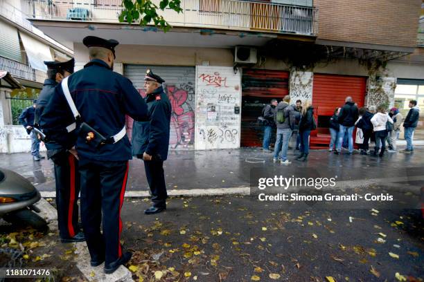 Carabinieri stand in front of the Baraka Bistrot which was set on fire in Centocelle, on November 9, 2019 in Rome, Italy. The Baraka Bistrot in Via...