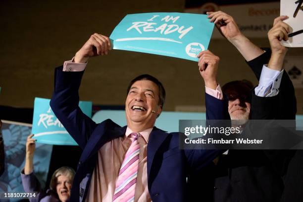 Leader of the Brexit Party, Nigel Farage after his speech at The Brexit Party rally at Carn Brea Leisure Centre, on October 14, 2019 in Camborne,...