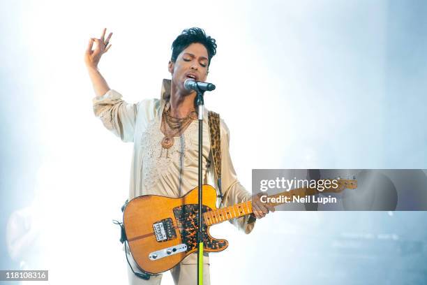 Prince headlines the main stage on the last day of Hop Farm Festival on July 3, 2011 in Paddock Wood, United Kingdom.