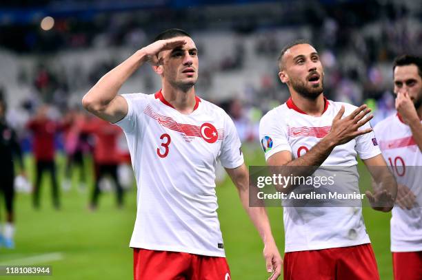 Merih Demiral of Turkey celebrates with the fans making a military salute after the UEFA Euro 2020 qualifier between France and Turkey on October 14,...