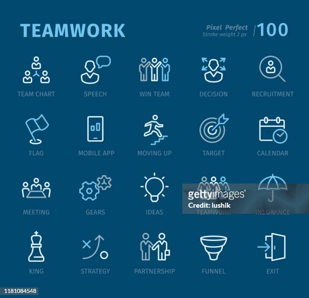 teamwork - outline icons with captions - funnel infographic stock illustrations