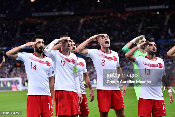 Mahmut Tekdemir, Burak Yilmaz, Merih Demiral and Umut Meras react by making a military salute after Kaan Ayhan goal during the UEFA Euro 2020...