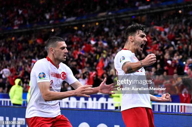 Kaan Ayhan of Turkey reacts after scoring during the UEFA Euro 2020 qualifier between France and Turkey on October 14, 2019 in Saint-Denis, France.