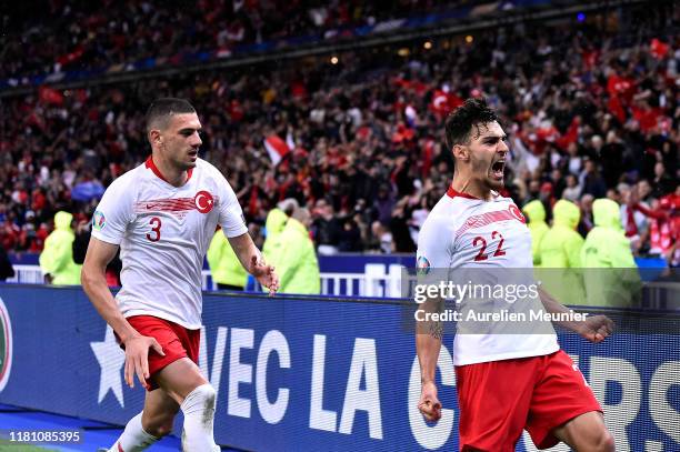 Kaan Ayhan of Turkey reacts after scoring during the UEFA Euro 2020 qualifier between France and Turkey on October 14, 2019 in Saint-Denis, France.