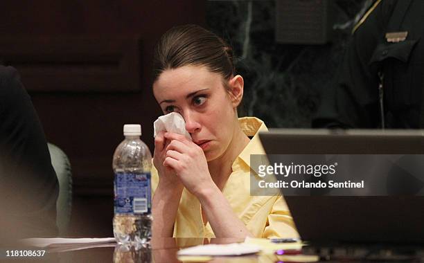 Casey Anthony cries during her defense team's closing arguments in her murder trial at the Orange County Courthouse in Orlando, Florida, on Sunday,...