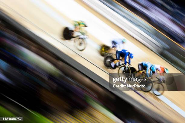 General view of riders in action during the Women's Keirin First Round Qualifiers at the Sir Chris Hoy Velodrome on day two of the UCI Track Cycling...