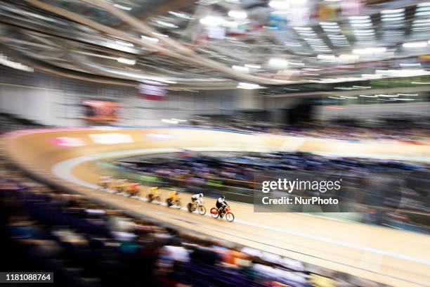 General view of riders in action during the Women's Keirin First Round Qualifiers at the Sir Chris Hoy Velodrome on day two of the UCI Track Cycling...