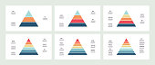 Business infographics. Pyramids with 3, 4, 5, 6, 7, 8 steps, levels, sections. Vector template.