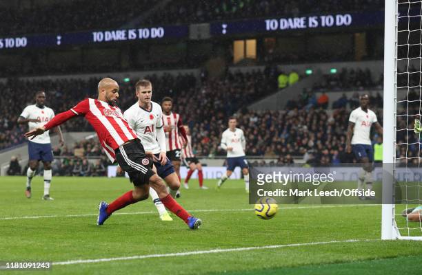 David McGoldrick of Sheffield United puts the ball in the net but the goal was disallowed after a lengthy VAR inspection during the Premier League...