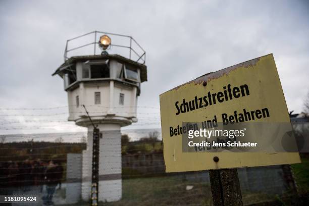 Control tower of the former GDR border guard forces at a former fortified border crossing between East and West Germany during celebrations to mark...