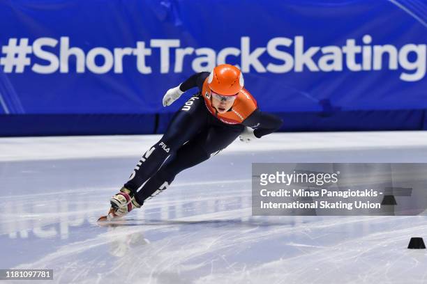 Suzanne Schulting of the Netherlands competes in the ladies 1000 m quarterfinals during the ISU World Cup Short Track at Maurice Richard Arena on...