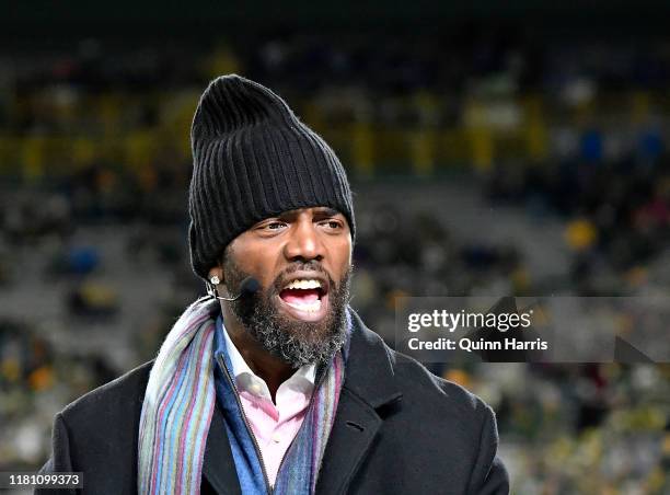 Analyst Randy Moss discusses before the game between the Green Bay Packers and the Detroit Lions at Lambeau Field on October 14, 2019 in Green Bay,...