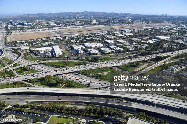 Aerial view of the intersections of The 405 Freeway and The 55 Freeway near John Wayne Airport photographed during a media flight for the Great...