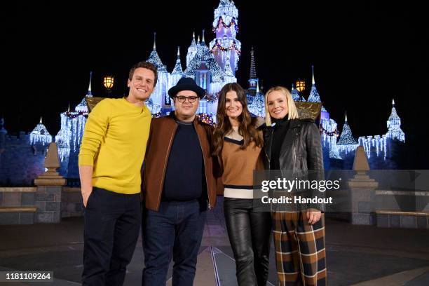 In this handout image provided by Disneyland Resort, Disney's "Frozen 2" voice actors Jonathan Groff, Josh Gad, Idina Menzel and Kristen Bell kicked...