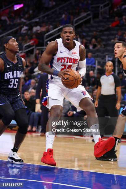 Joe Johnson of the Detroit Pistons plays against Orlando Magic during a preseason game at Little Caesars Arena on October 07, 2019 in Detroit,...