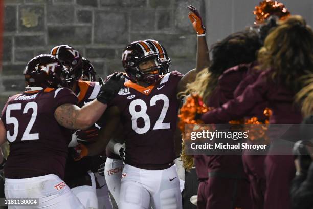 Tight end James Mitchell of the Virginia Tech Hokies celebrates his touchdown against the Wake Forest Demon Deacons in the second half at Lane...