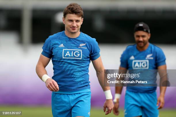 Beauden Barrett of the All Blacks finishes a New Zealand All Blacks training session at Tatsuminomori Seaside Park on October 15, 2019 in Tokyo,...