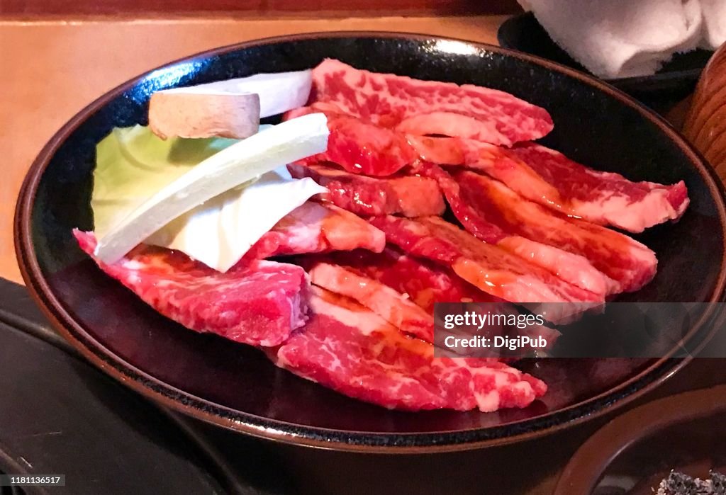 Galbi, marinated short ribs served at Japanese Korean restaurant in Yokohama