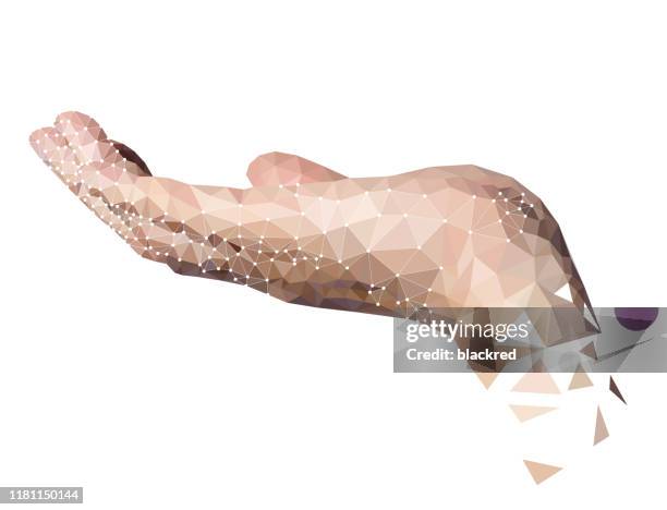 ilustraciones, imágenes clip art, dibujos animados e iconos de stock de polygon high tech hand palm up holding invisible object - modelado low poly