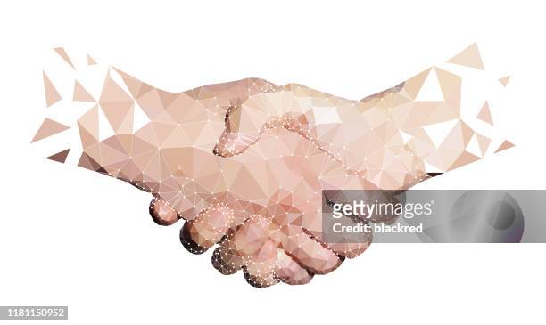 polygon of two high tech hands handshaking - handshake stock illustrations