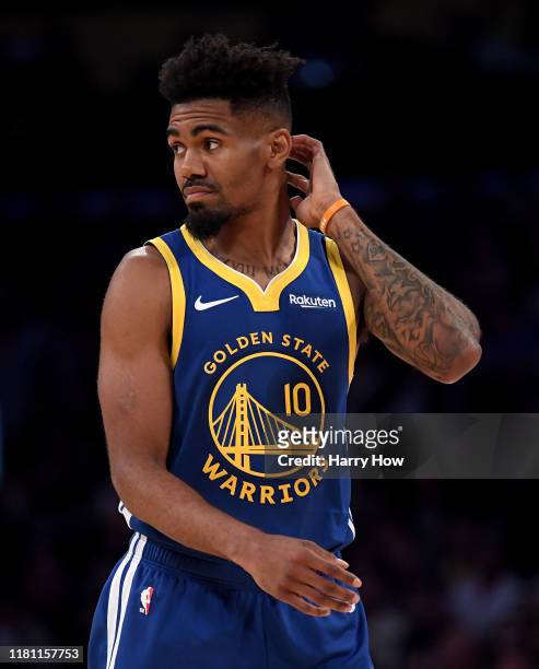 Jacob Evans of the Golden State Warriors reacts after losing possession during a 104-98 Los Angeles Lakers preseason win at Staples Center on October...