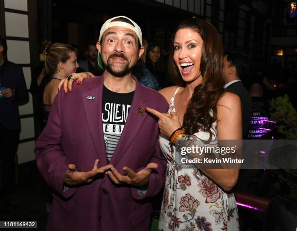 Kevin Smith and Shannon Elizabeth pose at the after party for the premiere of Saban Films' "Jay & Silent Bob" at Yamashiro on October 14, 2019 in...