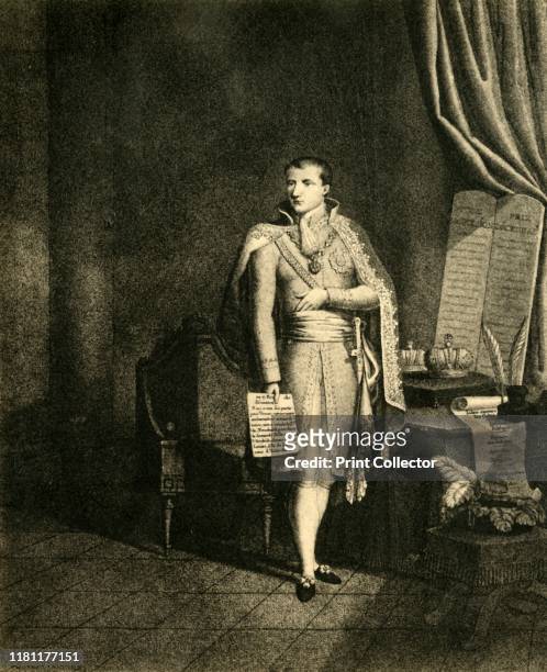 Napoleon premier Empereur des Français Roi d'Italie', circa 1810, . Portrait of Emperor Napoleon I of France , 'King of Italy'. He is holding the...