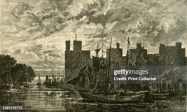 Carnarvon Castle', 1898. Grade I listed Caernarfon Castle on the Menai Strait dating from late 11th century was held by Royalists during the English...