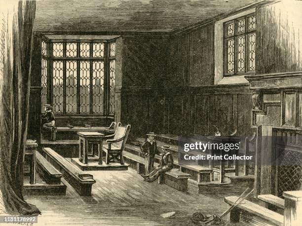 Interior of the Old School-Room', 1898. Harrow School at Harrow-on-the-Hill, a public school for boys founded in 1572 by John Lyon under a Royal...