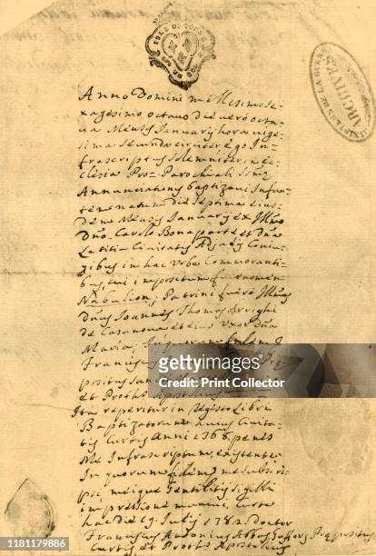 Napoleon's birth certificate, 21 July 1771, . 'Acte de baptême de Napoleon Bonaparte. Original daté d'Ajaccio 21 julllet 1771'. The certificate...