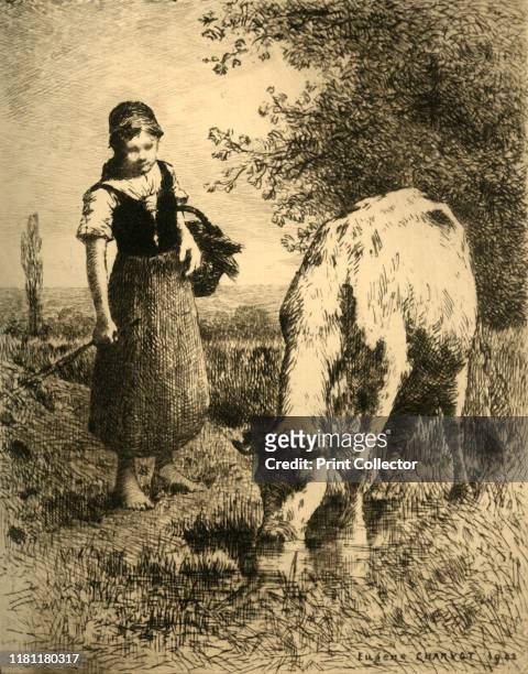 Aux Champs', 1903. 'In the fields'. A young cowherd watches her cow drinking. After an etching of 1902 by Eugène Charvot. From "La Revue De L'Art...