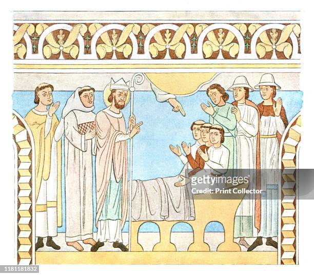 Painting in the nave of Aal Church, Denmark, . '1st Quarter of 13th Century...Aal Church . St. Nicholas resuscitates three murdered youths'. After J....