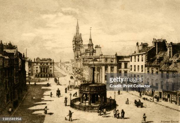 The Municipal Buildings, Aberdeen', 1898. With Mercat Cross built in 1686 by John Montgomery on Castlegate and Union Street with Municipal Buildings...