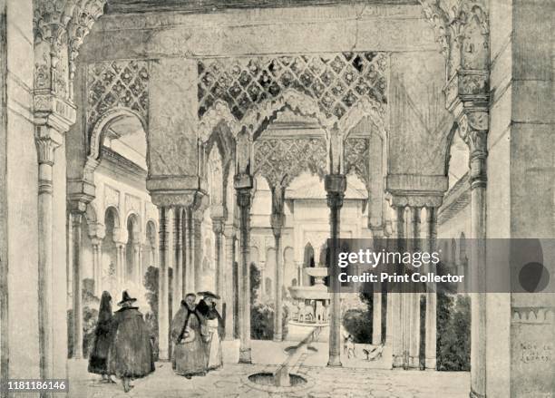 Entrance to the Court of the Lions', circa 1830, . Courtyard in the palace of the Alhambra, Granada, Spain, which mainly dates from the 14th century....