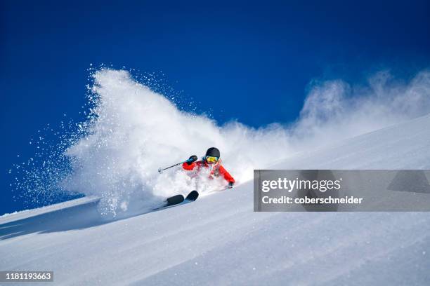 woman backcountry powder skiing in bad gastein, salzburg, austria - powder snow imagens e fotografias de stock