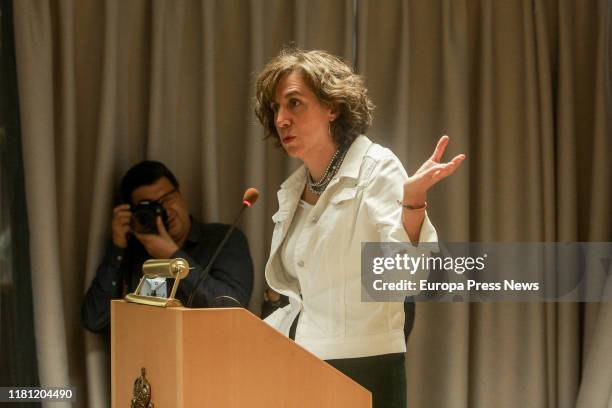 The secretary of State in Global Spain, Irene Lozano, is seen delivering her speech during the Government meeting with the diplomatic corps...