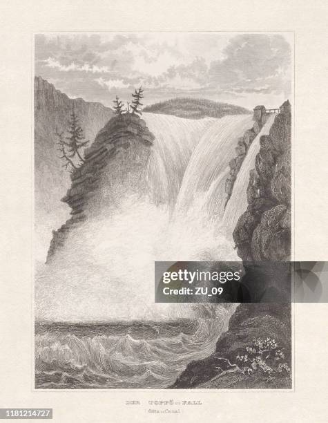 toppö-fall (trollhättan falls), göta river, sweden, steel engraving, published 1860 - västra götaland county stock illustrations