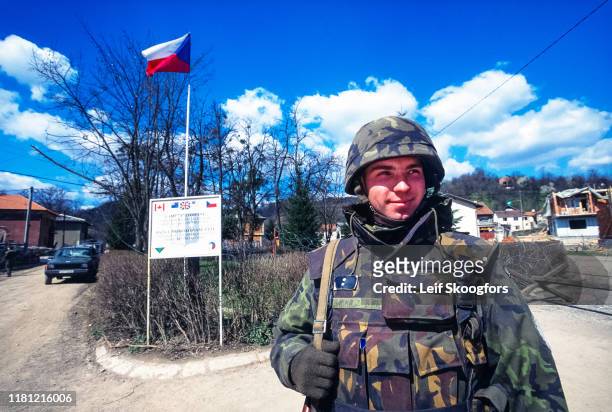 Portrait of an unidentified Czech soldier on guard duty while serving with NATO forces, Banja Luka, Bosnia and Herzegovina, 1996. The Czech Republic,...