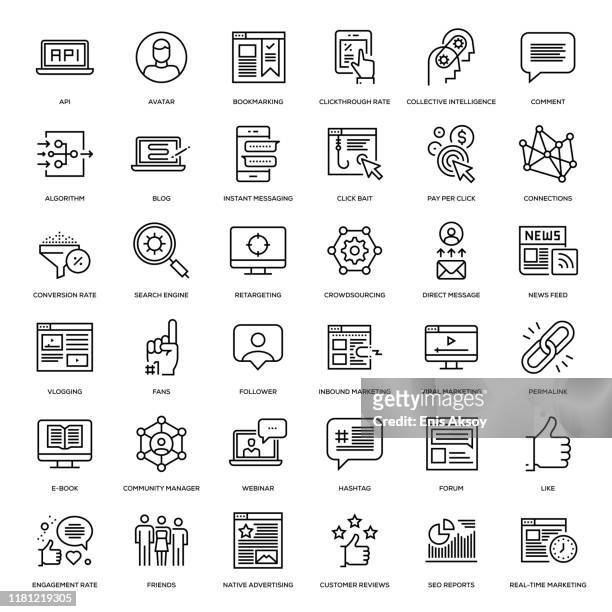 illustrazioni stock, clip art, cartoni animati e icone di tendenza di set di icone di social media marketing - linguaggio informatico