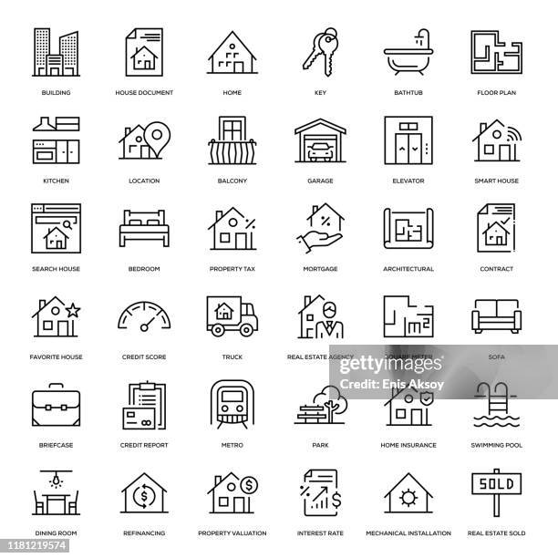 ilustraciones, imágenes clip art, dibujos animados e iconos de stock de conjunto de iconos inmobiliarios - agente inmobiliario